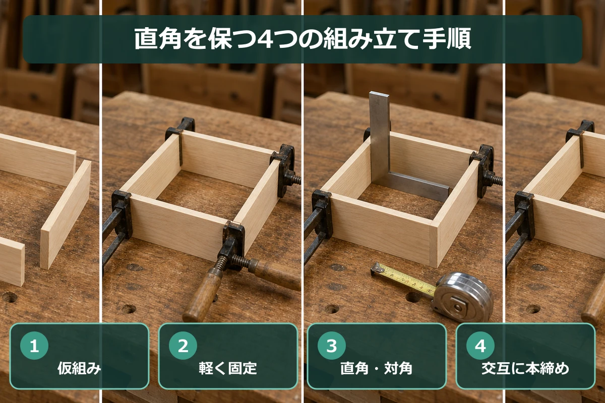 木箱を仮組みして軽く固定し直角と対角を確認してから交互に本締めする手順図