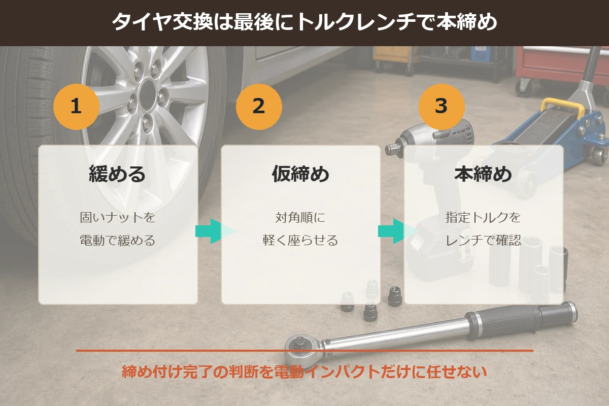 電動インパクトレンチで緩めて仮締めし最後はトルクレンチで本締めする流れ
