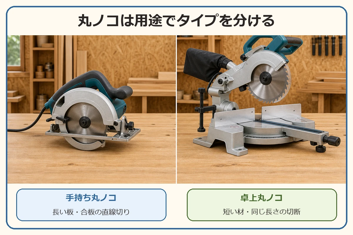手持ち丸ノコは長い板や合板の直線切り、卓上丸ノコは短い材を同じ長さで切る用途に向くことを示した図解