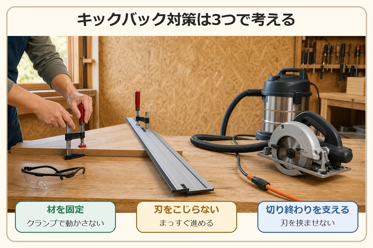 キックバック対策として材を固定する・刃をこじらない・切り終わりを支えるの3点を示した図解