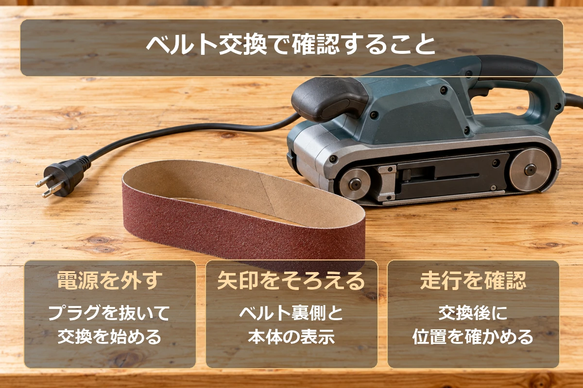 ベルト交換で確認すること：電源プラグを抜く、ベルトと本体の矢印をそろえる、交換後に走行位置を確認する