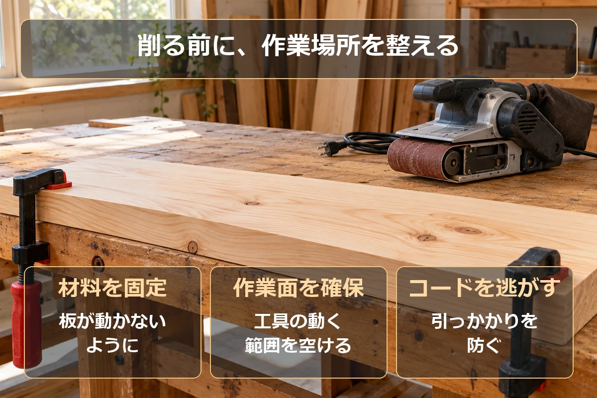 研磨前の準備：材料を固定、作業面を確保、コードを逃がす