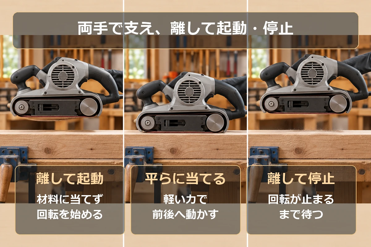 両手で保持するベルトサンダーの操作の模式図：材料から離して起動、平らに当てて前後へ動かす、材料から離して停止を待つ