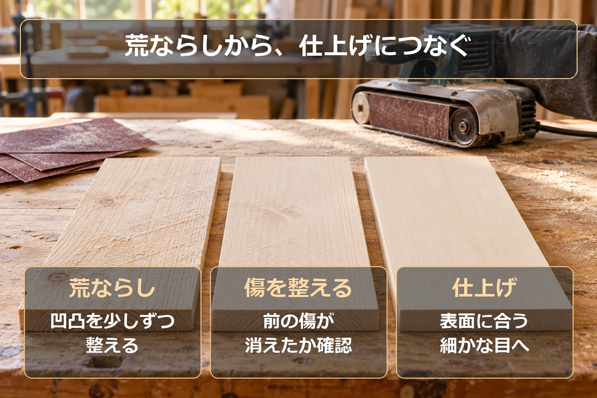 木材研磨の進め方：荒ならし、傷を整える、仕上げ