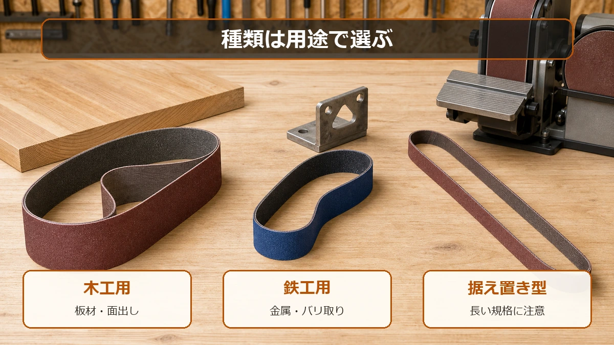 ベルトサンダー替えベルトの種類を木工用鉄工用据え置き型で選ぶ図解