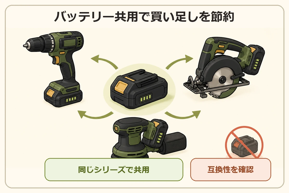 同じシリーズのバッテリーをドリル、丸のこ、サンダーで共用し、互換性を確認する図解