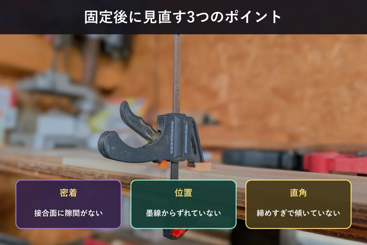 木工用接着剤を塗ったあとにクランプ固定、位置、直角を確認する図解