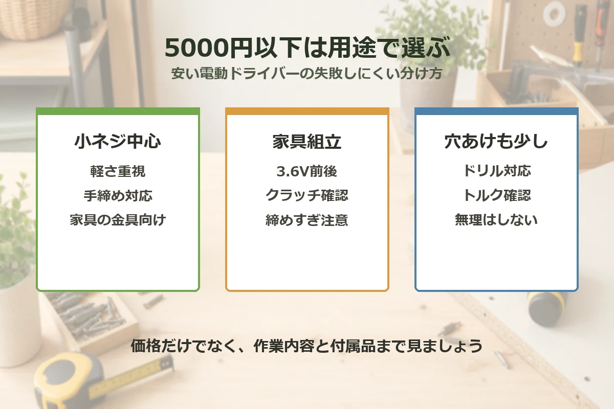 5000円以下の安い電動ドライバーを小ネジ、家具組立、穴あけ少しの用途別に選ぶ図解