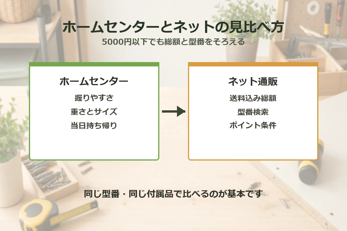 ホームセンターとネット通販で安い電動ドライバーを同じ型番と付属品で比べる図解