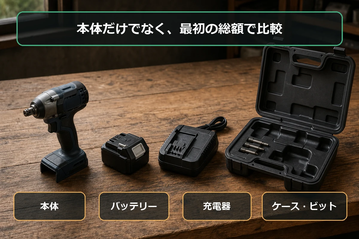 安いインパクトドライバーは本体・バッテリー・充電器・ケースを含む総額で比べる