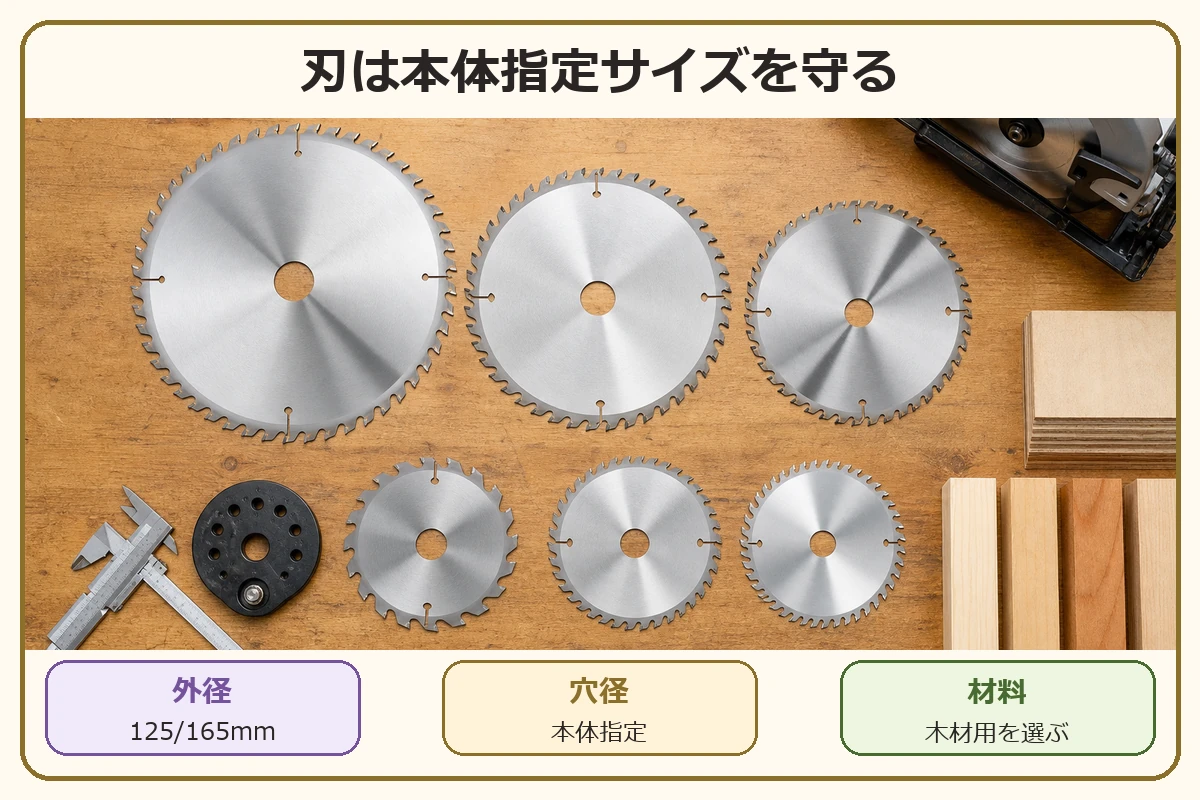 丸ノコの刃を選ぶときに外径、穴径、刃数、材料対応を確認することを示した図解