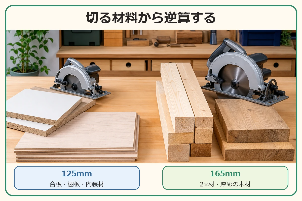 切る材料ごとに125mm丸ノコと165mm丸ノコを選び分ける図解