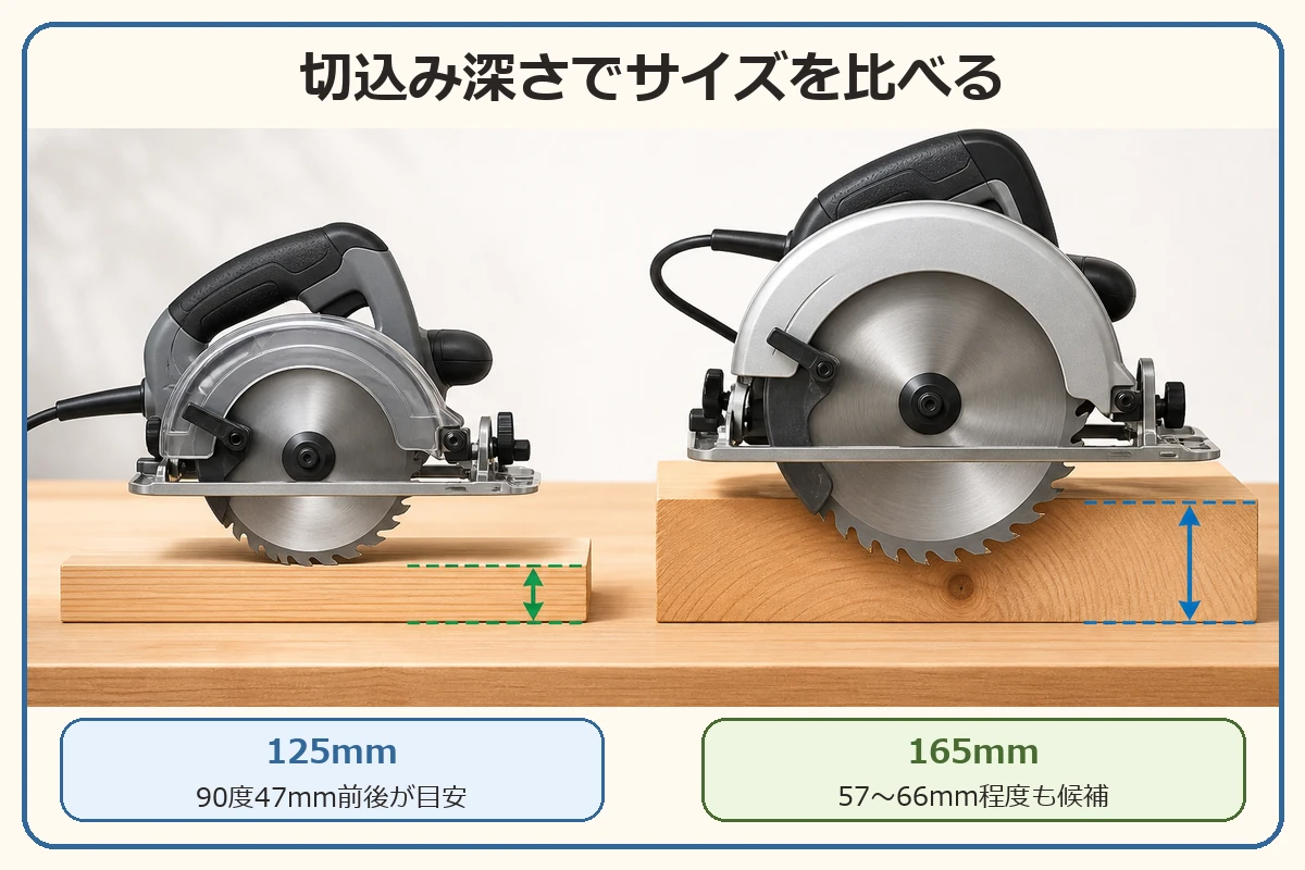 125mm丸ノコと165mm丸ノコの切込み深さの目安を比較した図解