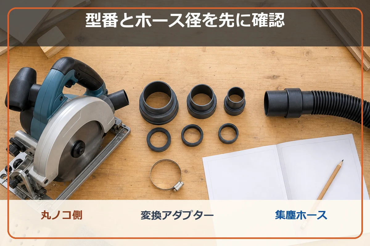 丸ノコ側の排出口、変換アダプター、集塵ホースの径を確認する図解