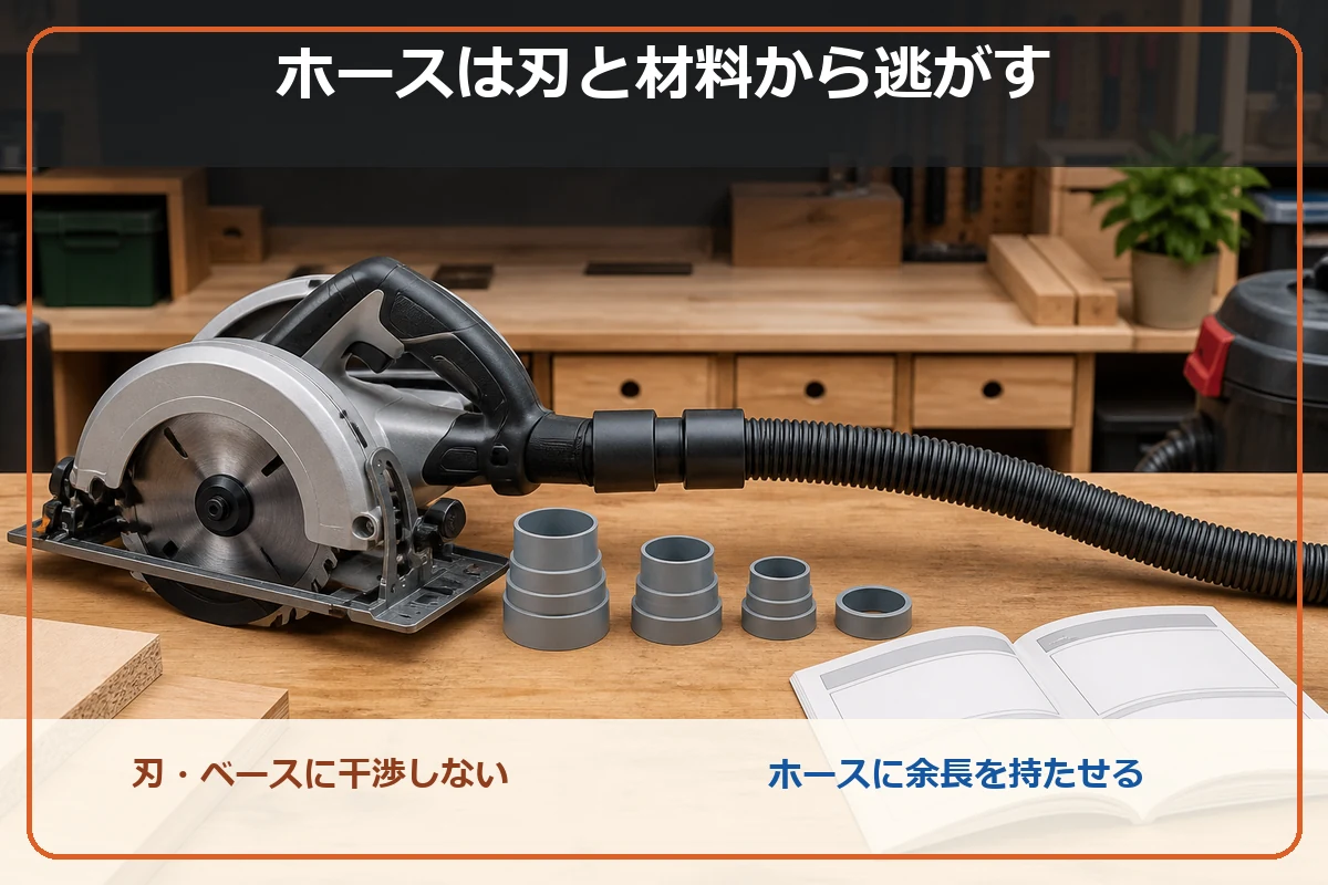 丸ノコの集塵ホースを刃や材料から逃がして取り回す図解
