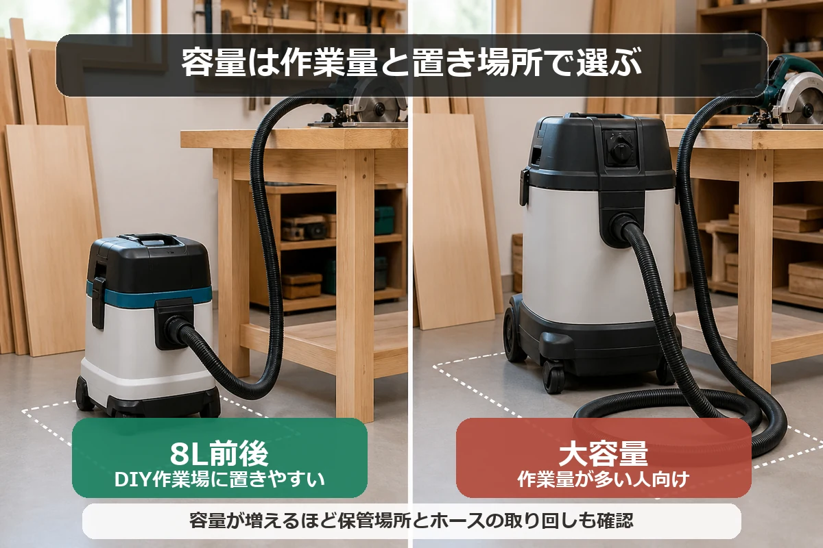 8L前後はDIY作業場に置きやすく、容量が大きいモデルは作業量が多い人向きだが保管場所の確認が必要なことを示した図解