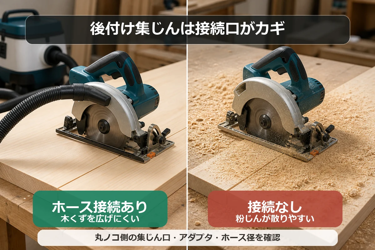連動コンセント付きは丸ノコのスイッチに合わせて吸い込み、連動なしは集じん機側で電源操作が必要なことを示した図解