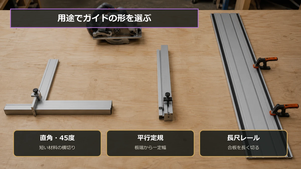 直角切りにはエルアングル、一定幅の縦切りには平行定規、長尺切断にはガイドレールを選ぶ図解