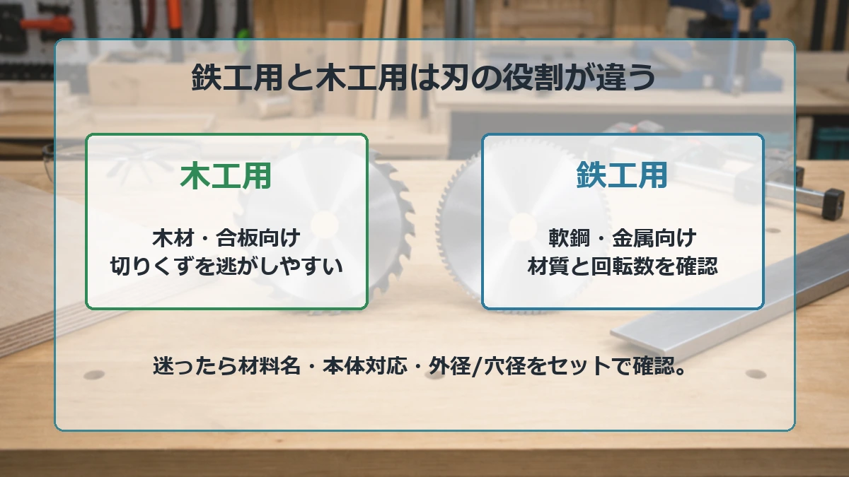 丸ノコの鉄工用と木工用の刃の違いを比較する図解