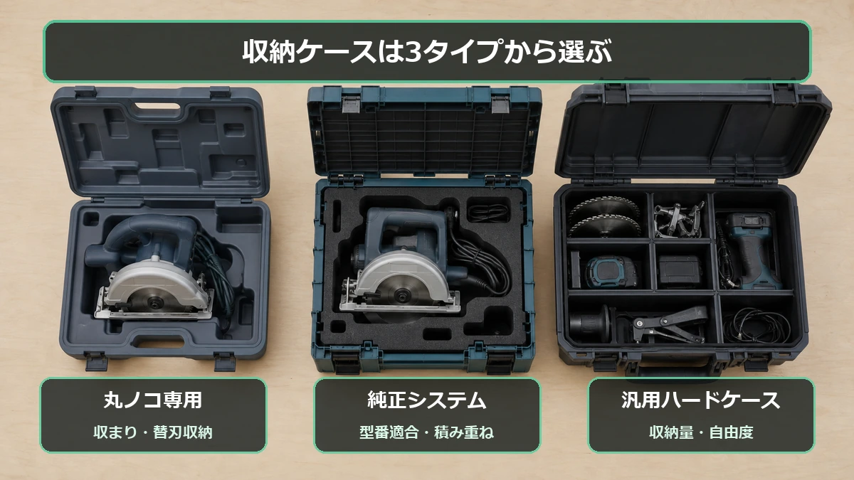 丸ノコ専用ケース・純正システムケース・汎用ハードケースの違いを示す図解