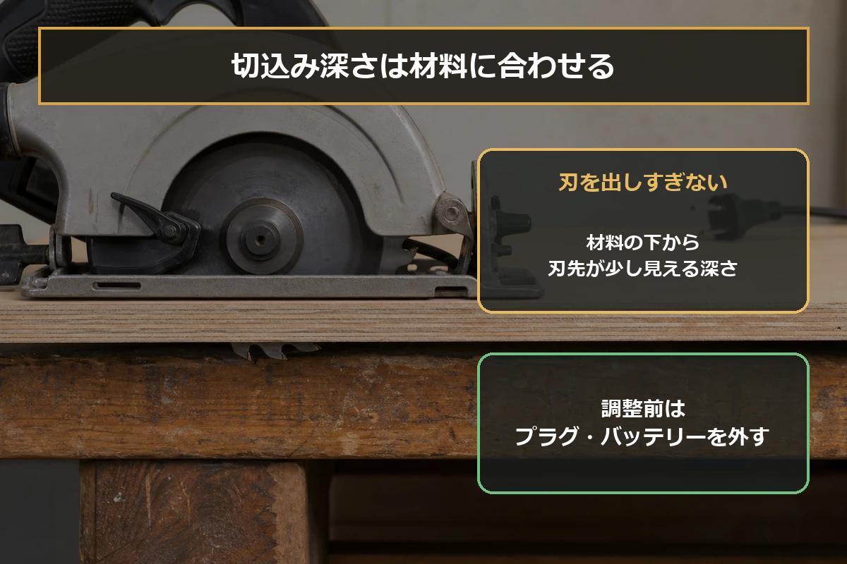 丸ノコの切込み深さを材料に合わせ、調整前に電源を外すことを示した図解