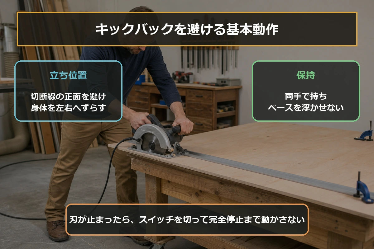 丸ノコのキックバック対策として立ち位置、両手保持、異常時の停止を示した図解