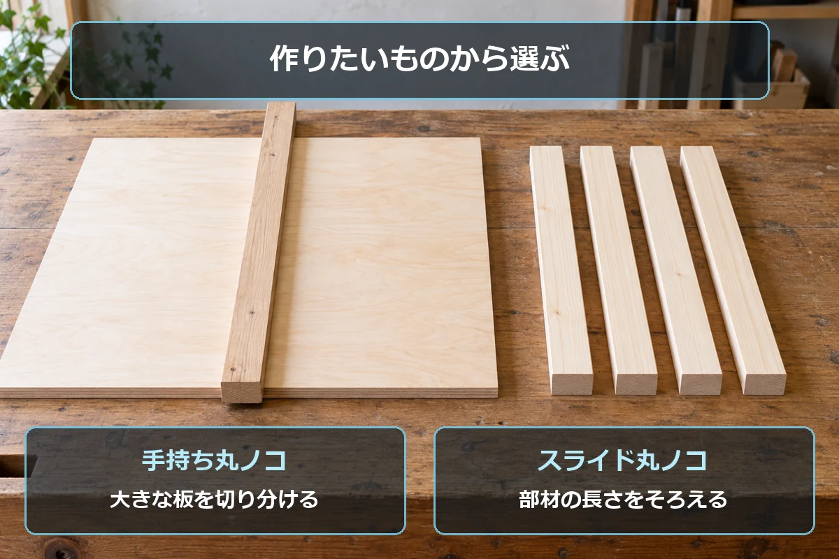 大きな板の切り分けには手持ち丸ノコ、同じ長さの部材にはスライド丸ノコを検討する図解