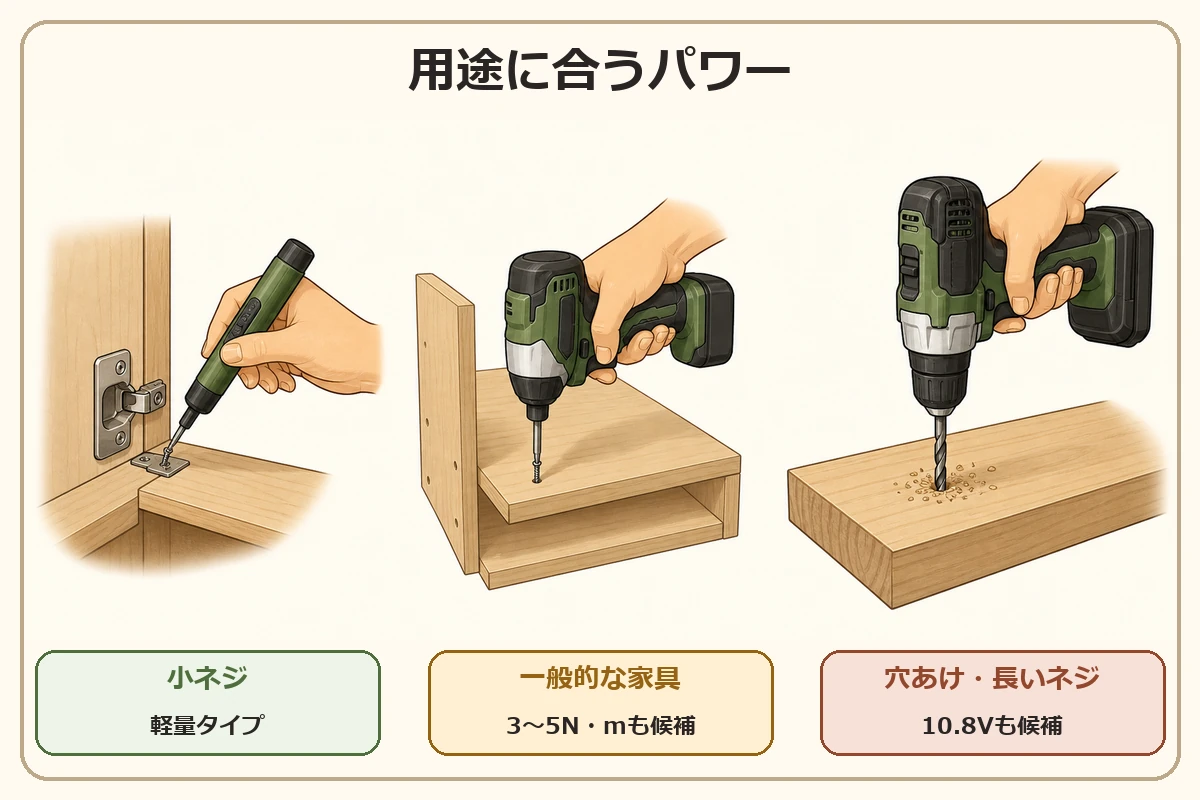 小ネジ、一般的な家具、穴あけや長い木ネジに合わせて小型電動ドライバーのパワーを選ぶ図解