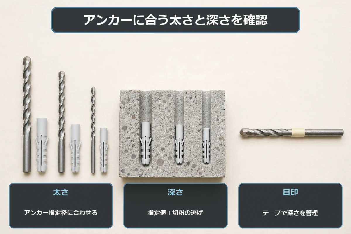 アンカーの指定下穴径と埋め込み深さからコンクリート用ドリルビットの径と有効長を選ぶ図解