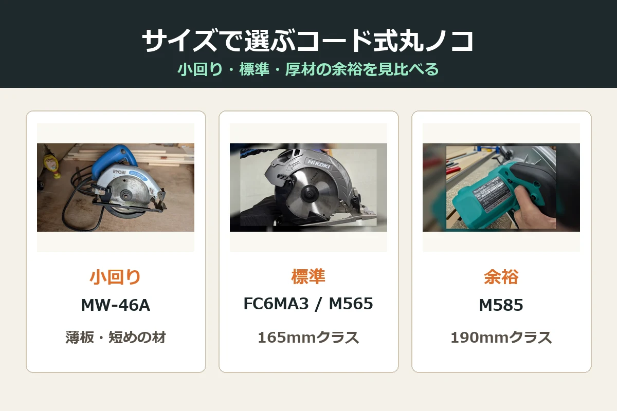 小回り重視、165mm標準、190mm余裕の3タイプでコード式丸ノコを比較した図解