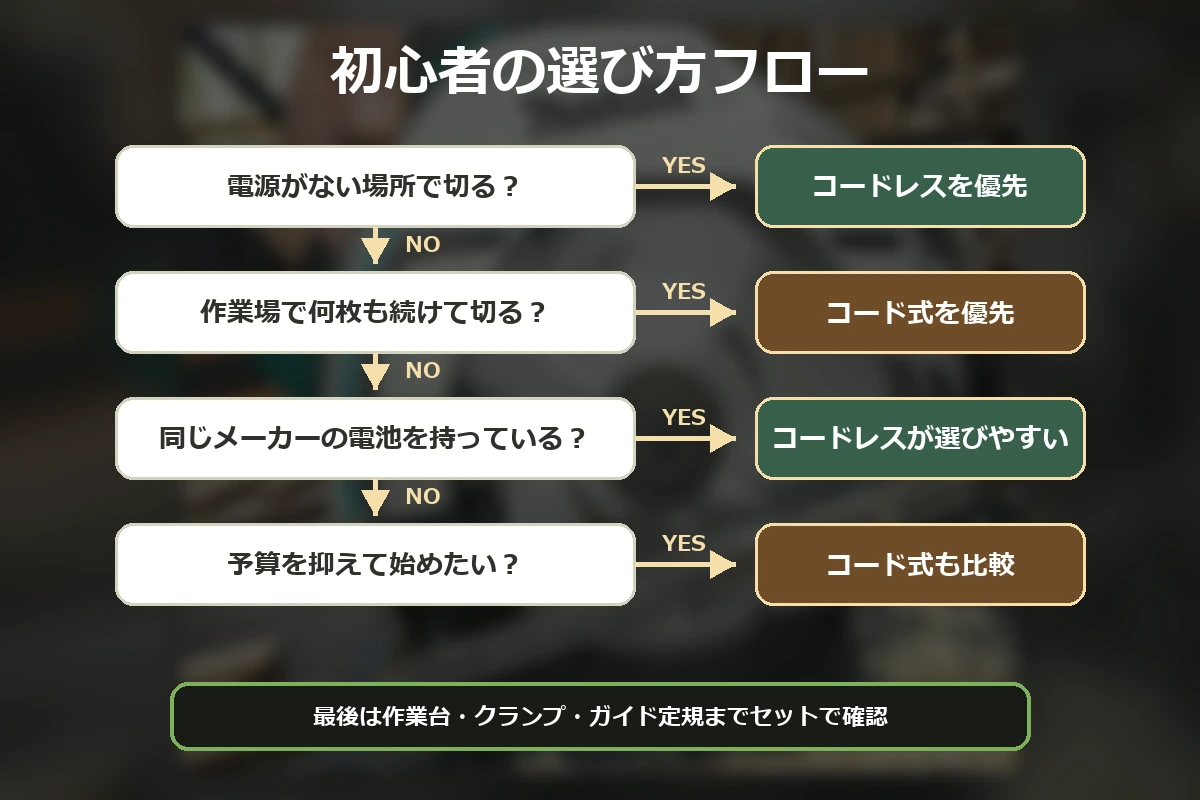 DIY初心者がコードレス丸ノコとコード式丸ノコのどっちを選ぶか判断する流れを示した図解