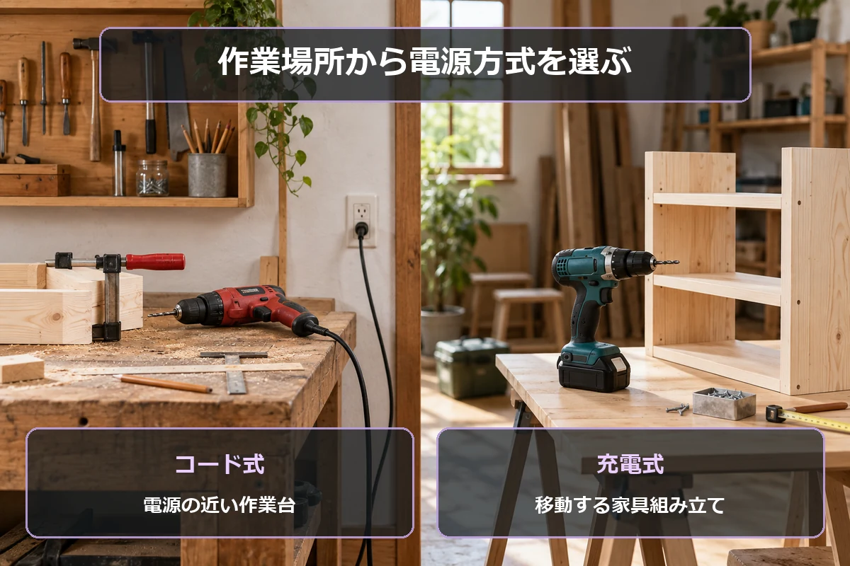 電源に近い作業台ならコード式、移動する家具組み立てなら充電式を検討する図解
