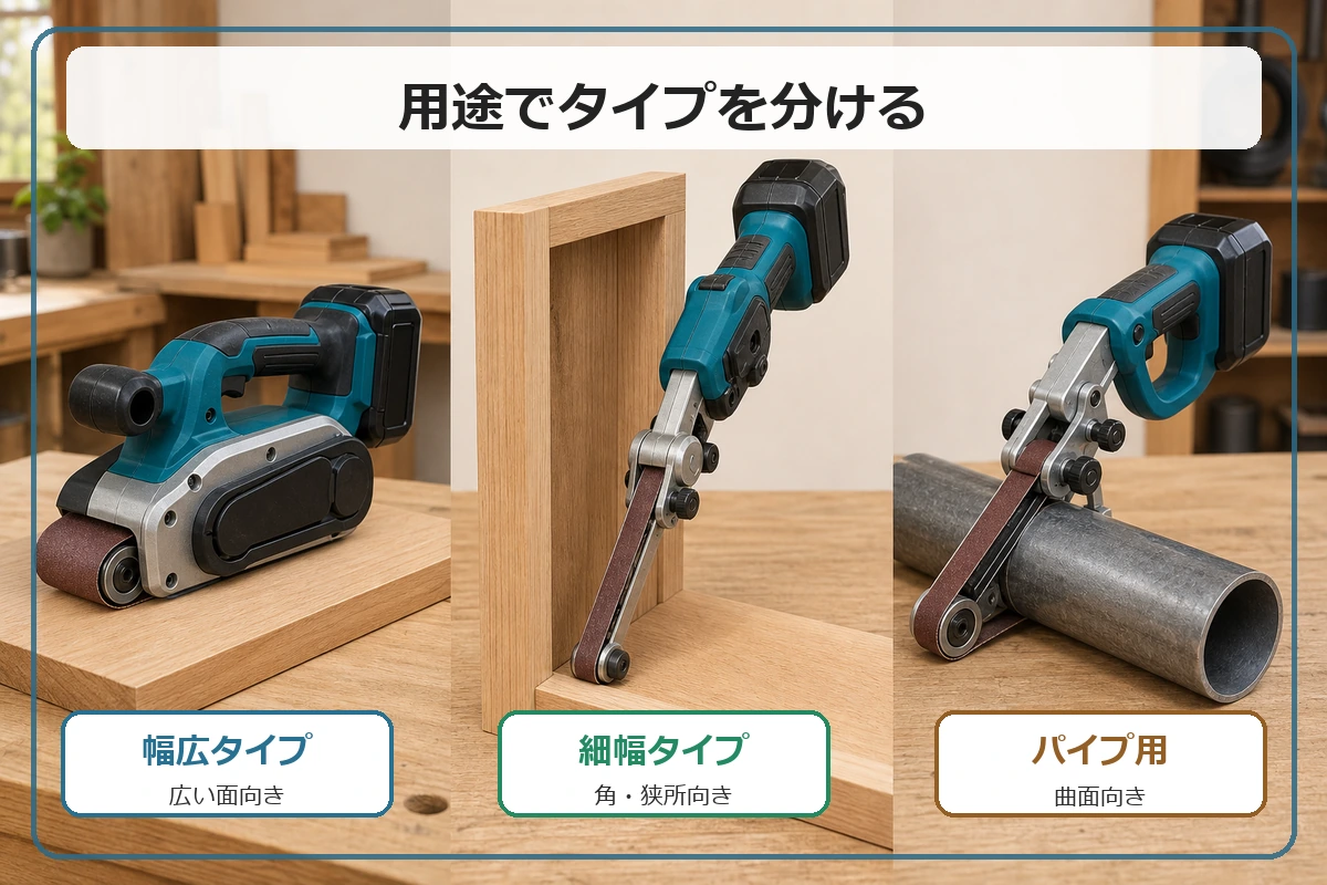 コードレスベルトサンダーを広い面は幅広、狭い部分は細幅、パイプは専用タイプで選び分けることを示した図解