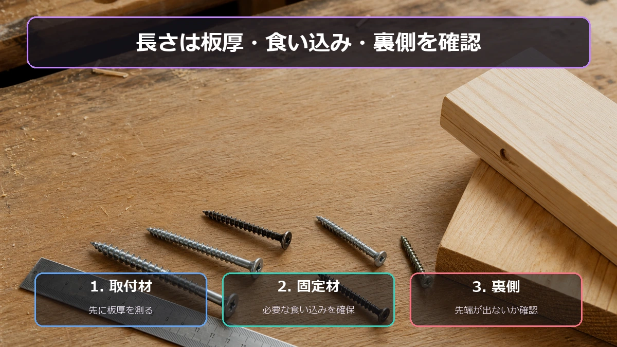 取付材の板厚・固定材への食い込み・裏側への貫通を順に確認する図解