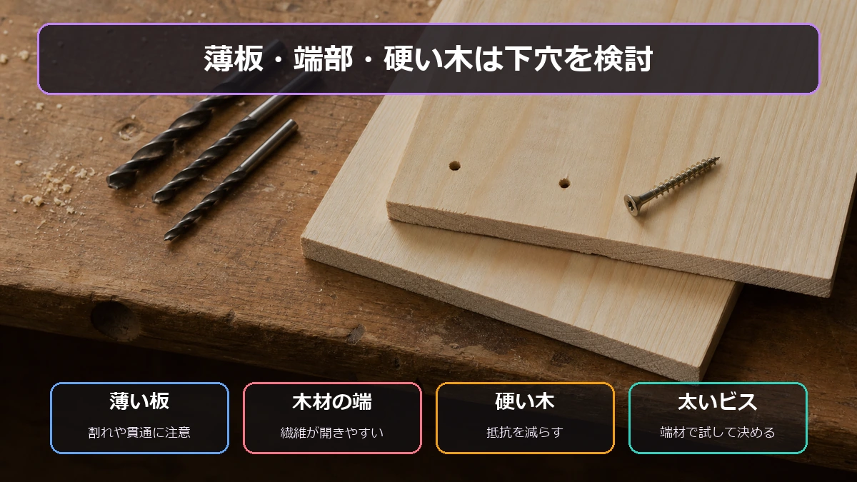 薄板・木材の端・硬い木・太いビスで下穴を検討する図解