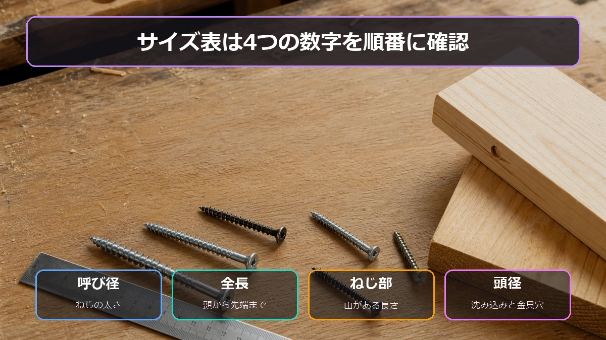 呼び径・全長・ねじ部・頭径の4項目でコーススレッドのサイズ表を読む図解