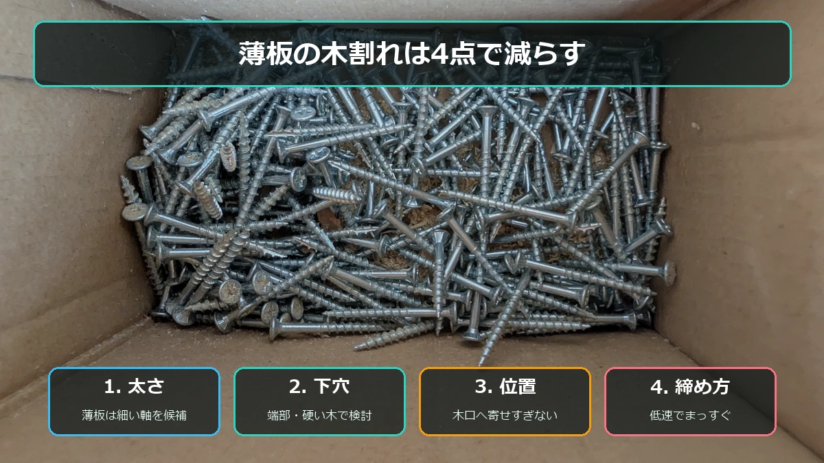 薄板の木割れを減らすためビスの太さ・下穴・端からの距離・締め込みを確認する図解