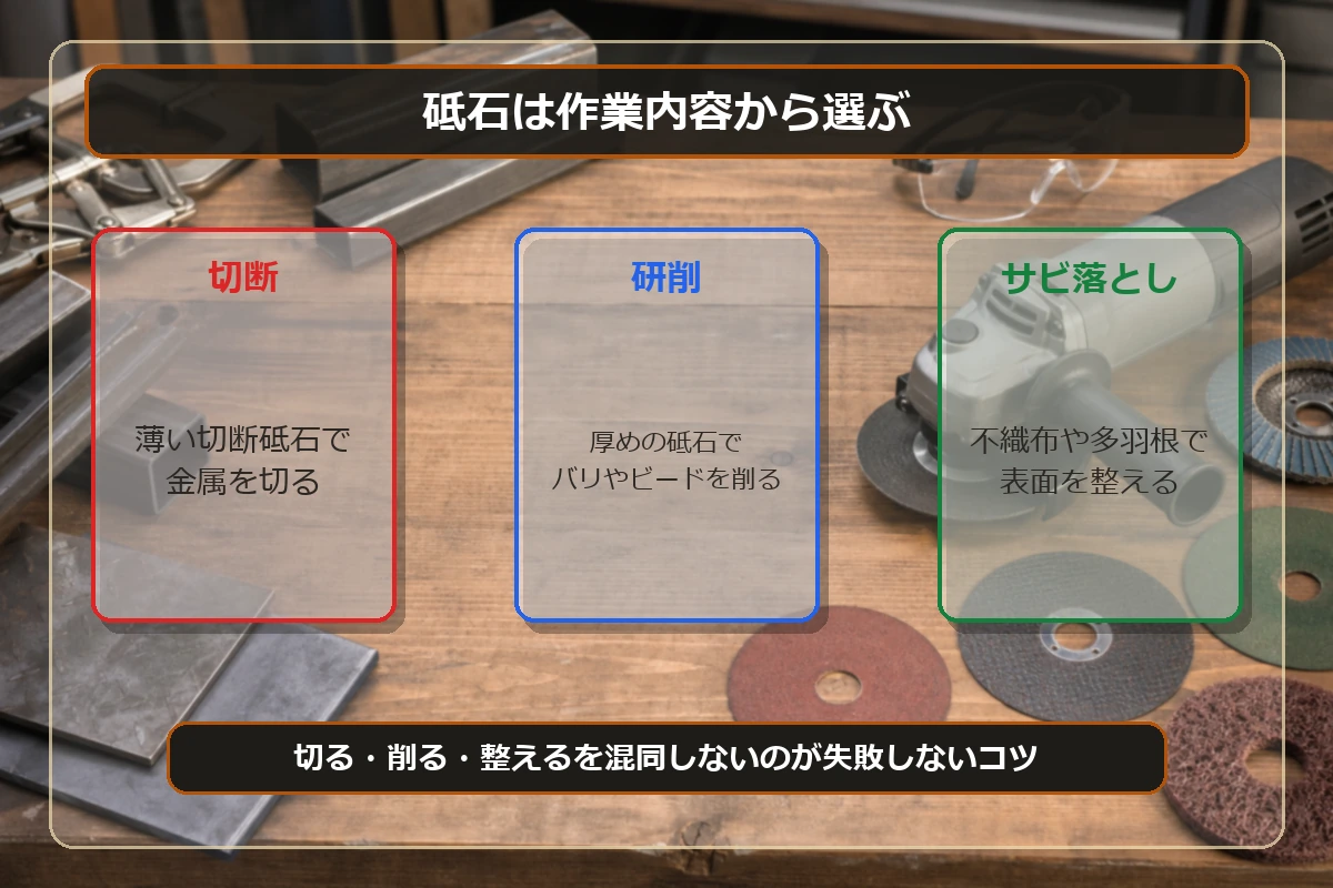 ディスクグラインダー用砥石を切断・研削・サビ落としで選び分ける図解