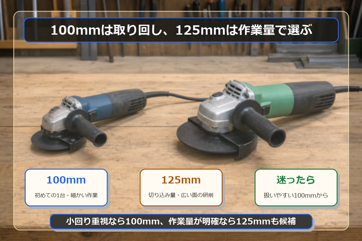 ディスクグラインダーの100mmと125mmの違いを取り回しと作業量で比較した図解