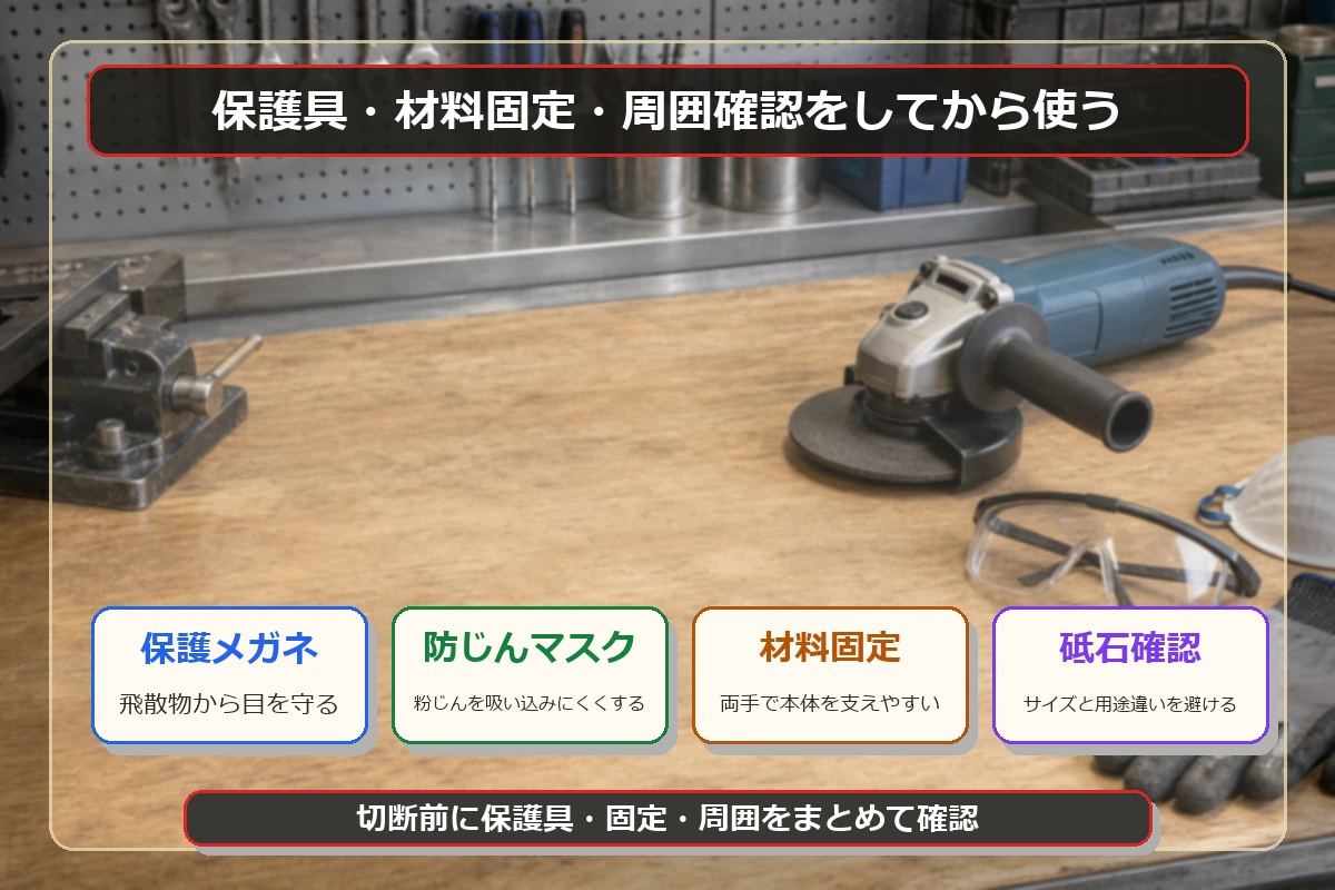 ディスクグラインダーを使う前に保護具、材料固定、砥石確認を確認する図解
