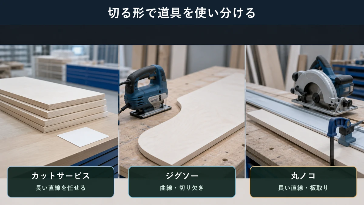 ホームセンターのカットサービス、ジグソー、丸ノコを切る形で使い分ける図解