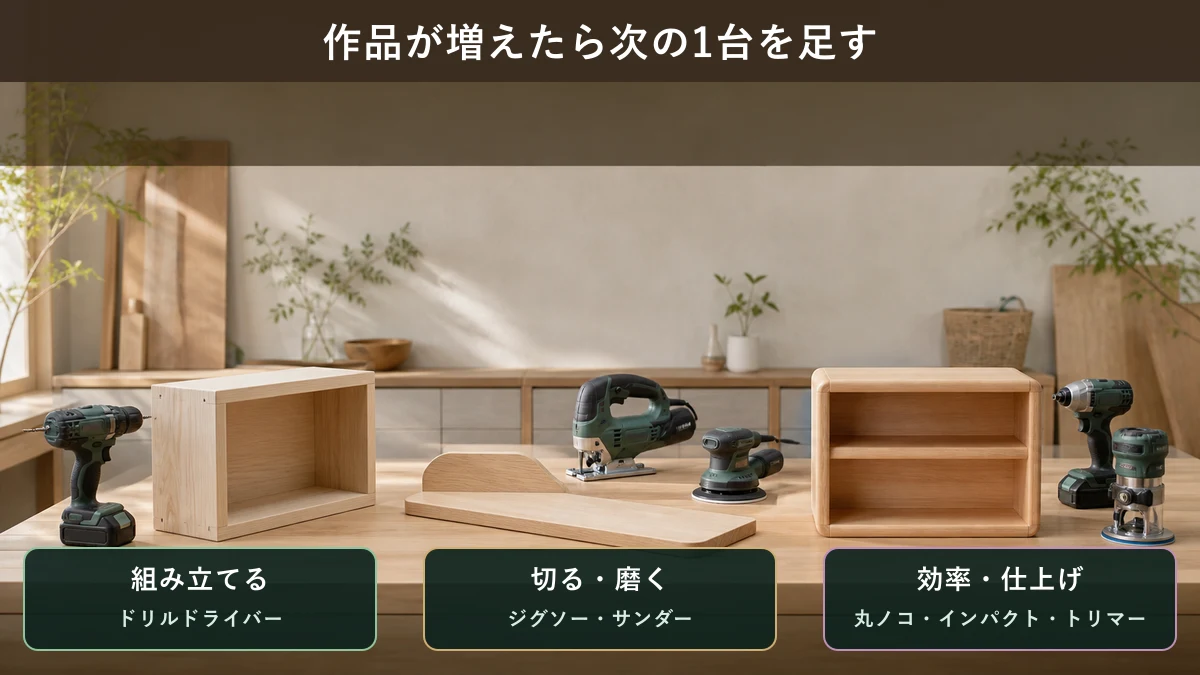 DIY初心者が組み立て、切断と研磨、締め付けと仕上げの3段階で電動工具を増やす図解