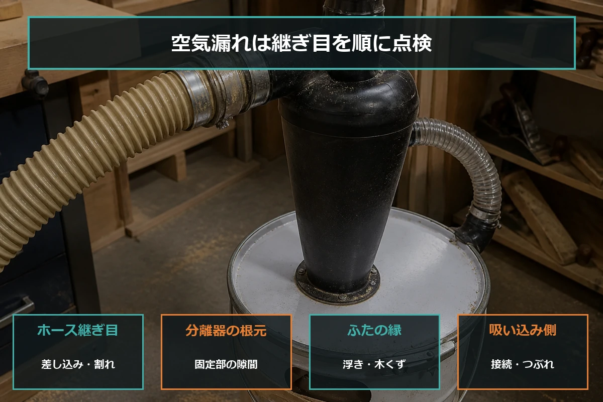 工具接続、ホース、分離器、ペール缶のふた、吸い込み機を順番に確認する空気漏れ点検図