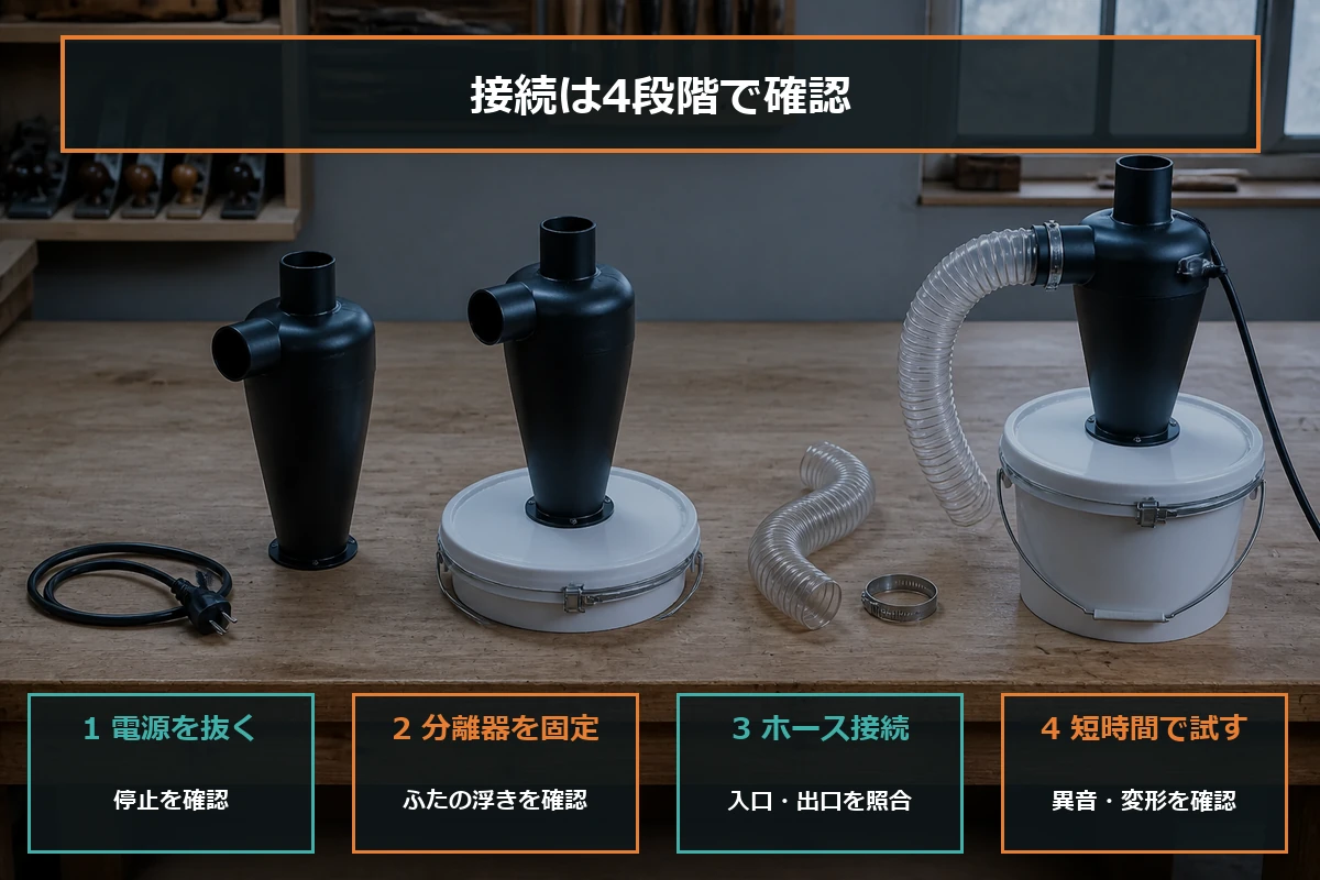 電源を抜き、分離器を固定し、工具側と吸い込み側のホースをつないで試運転する手順図
