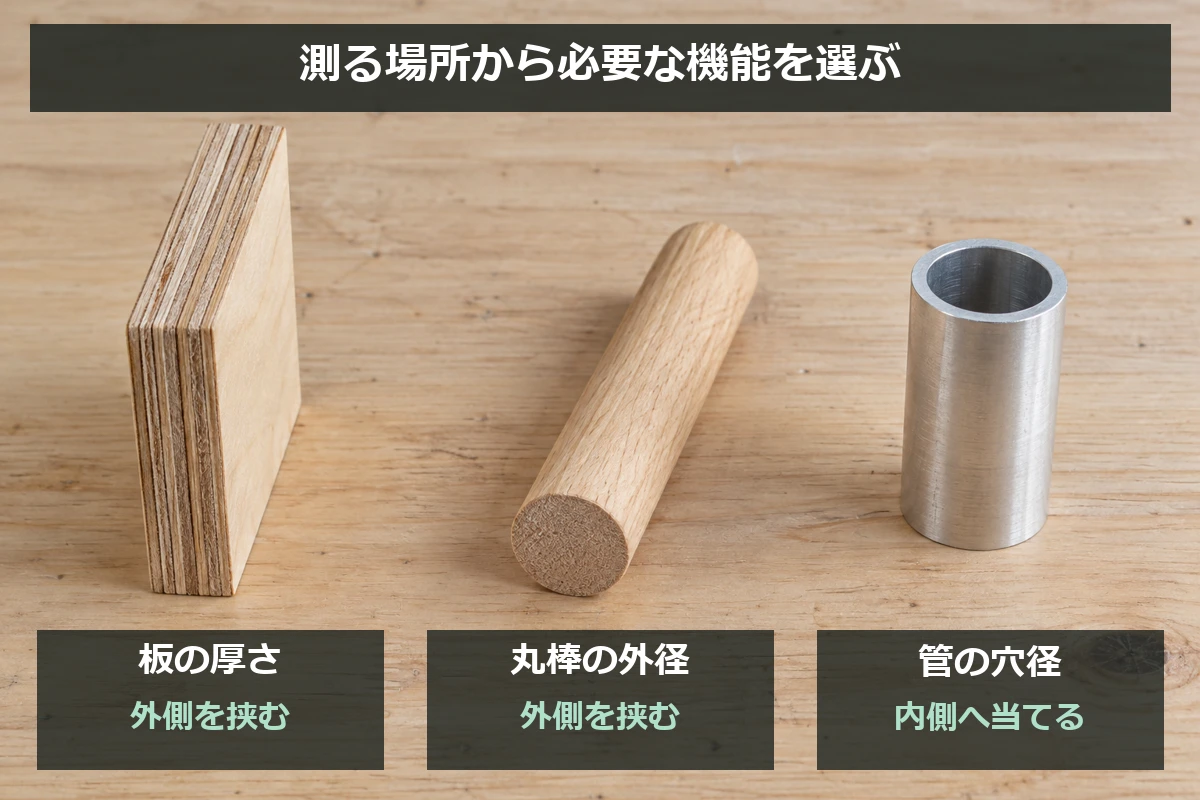 板厚と丸棒の外径は外側測定、管の穴径は内側測定で確認する選び分け