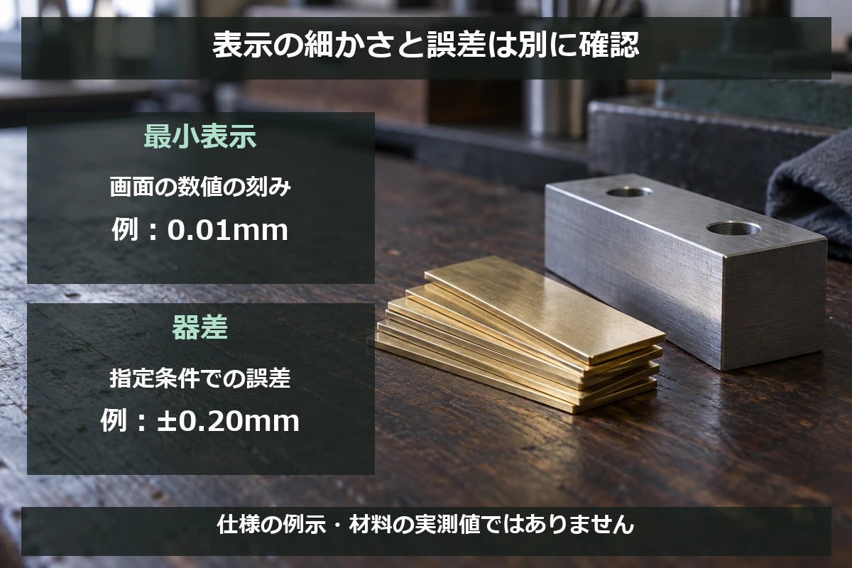 最小表示は数値の刻み、器差は指定条件での誤差を示し、別々に確認することを示した図解