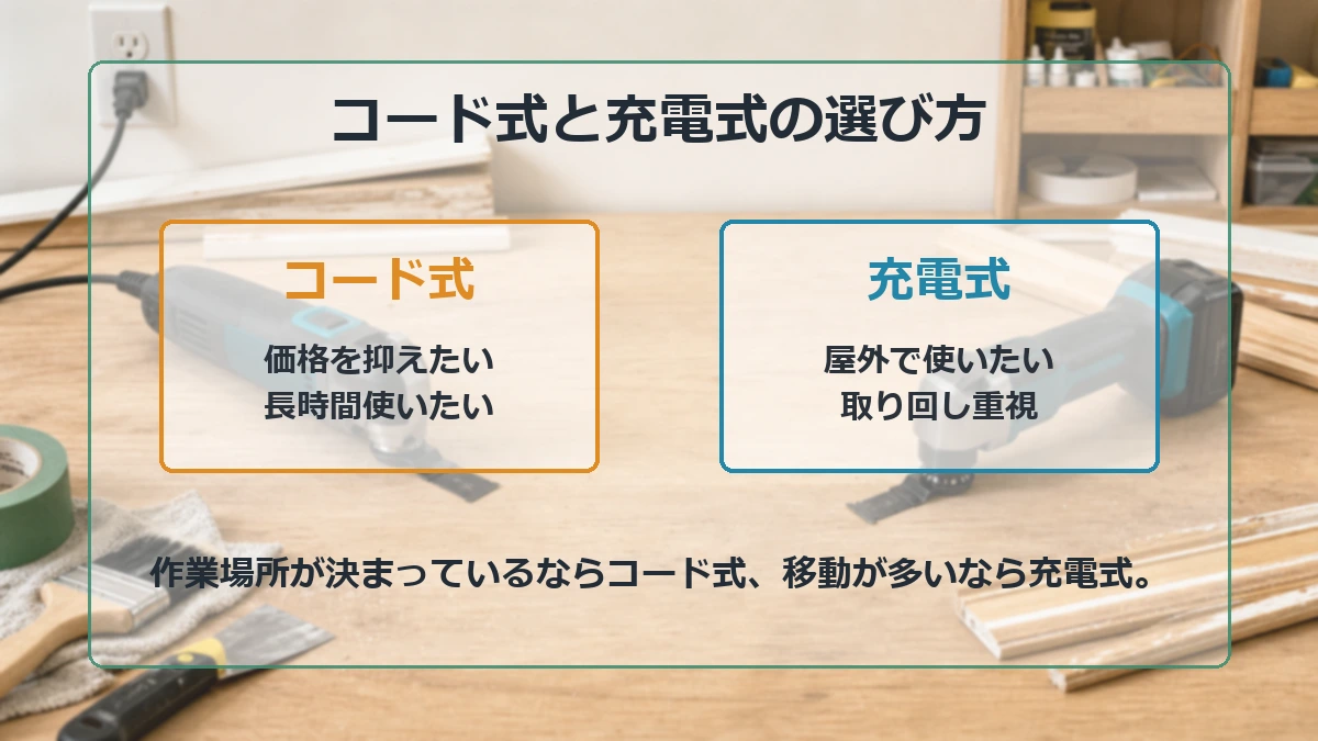 コード式と充電式の電動マルチツールを作業場所で選ぶ図解