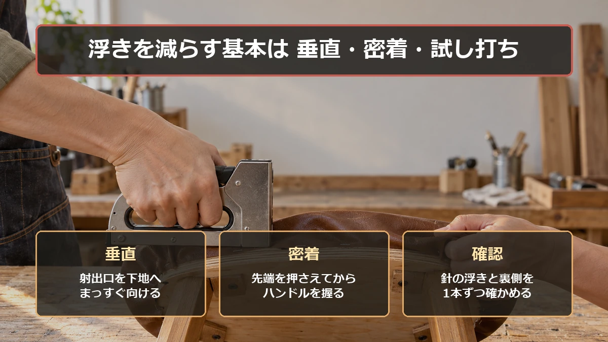 ガンタッカーを垂直に当て、先端を密着させ、針の入り方を確認する手順の図解