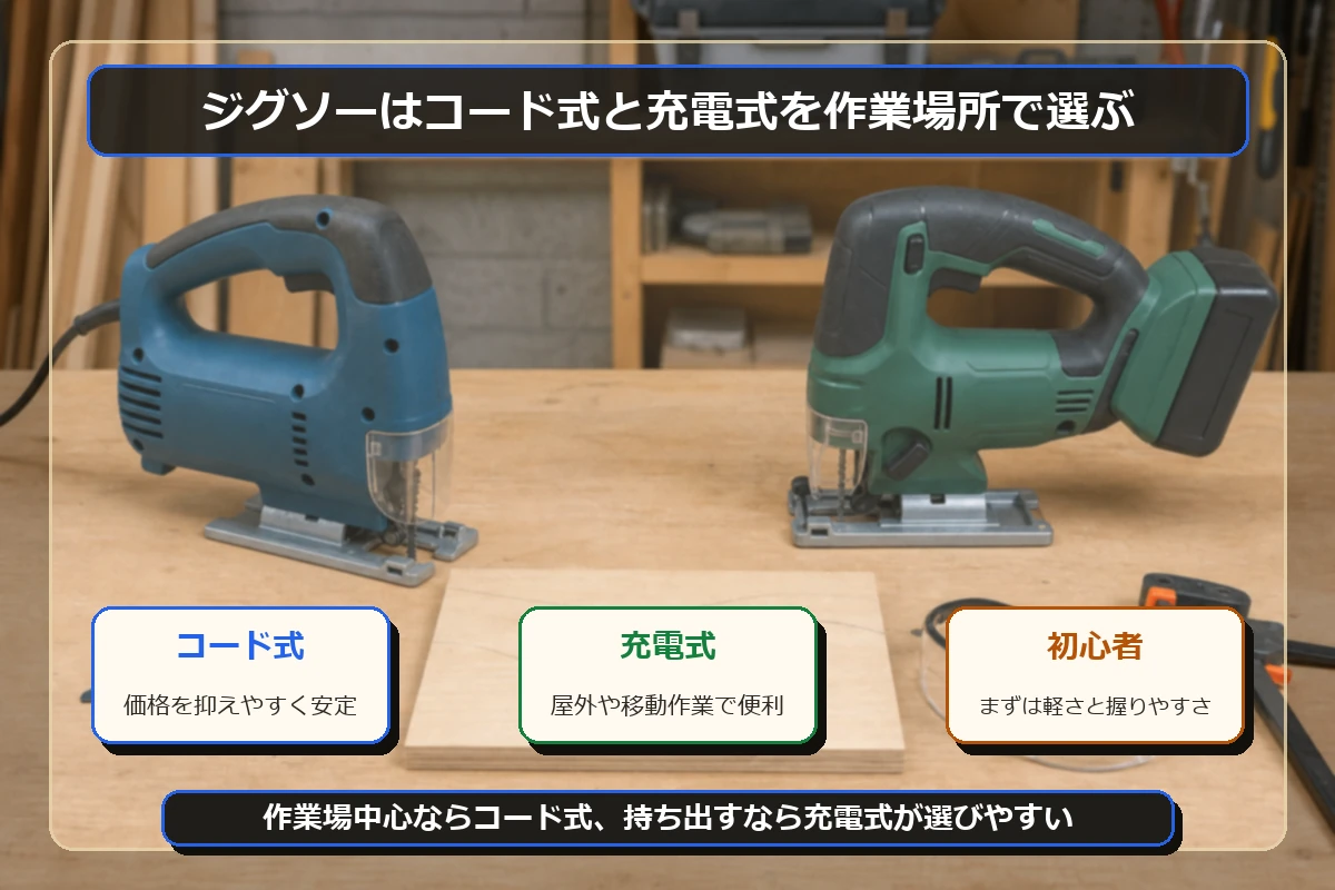 ジグソーのコード式と充電式を作業場所で比較した図解