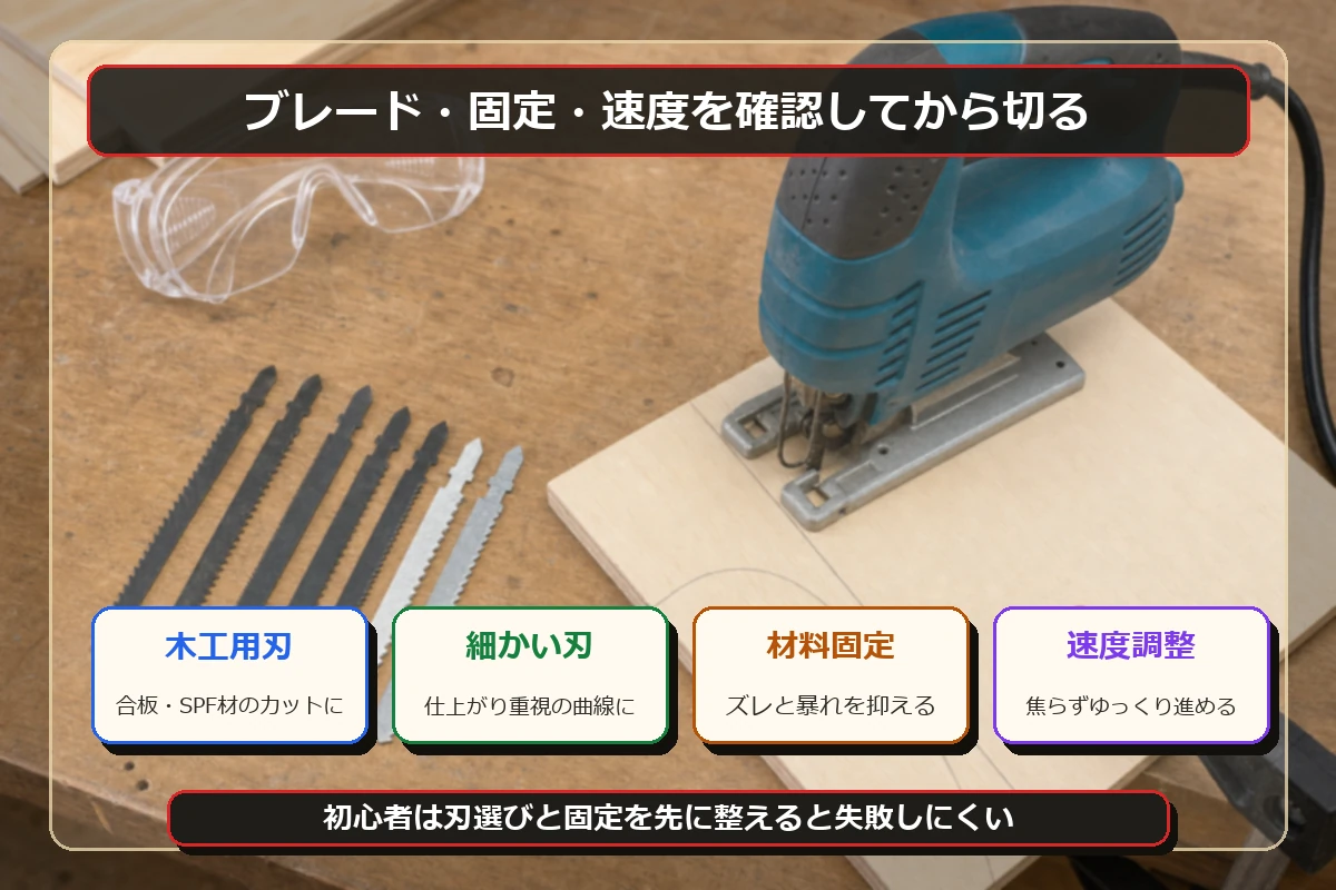 ジグソーのブレード選びと材料固定、速度調整を確認する図解